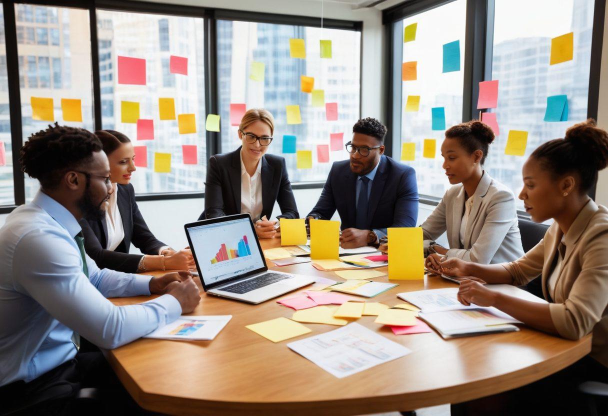 A diverse group of business professionals engaged in a lively brainstorming session around a table, with sticky notes and laptops displaying charts and graphs. The atmosphere is vibrant and collaborative, with visual metaphors of connection and engagement, such as linking hands or light bulbs. Soft natural lighting filters in from large windows, reflecting a sense of openness and innovation. super-realistic. vibrant colors. corporate setting.