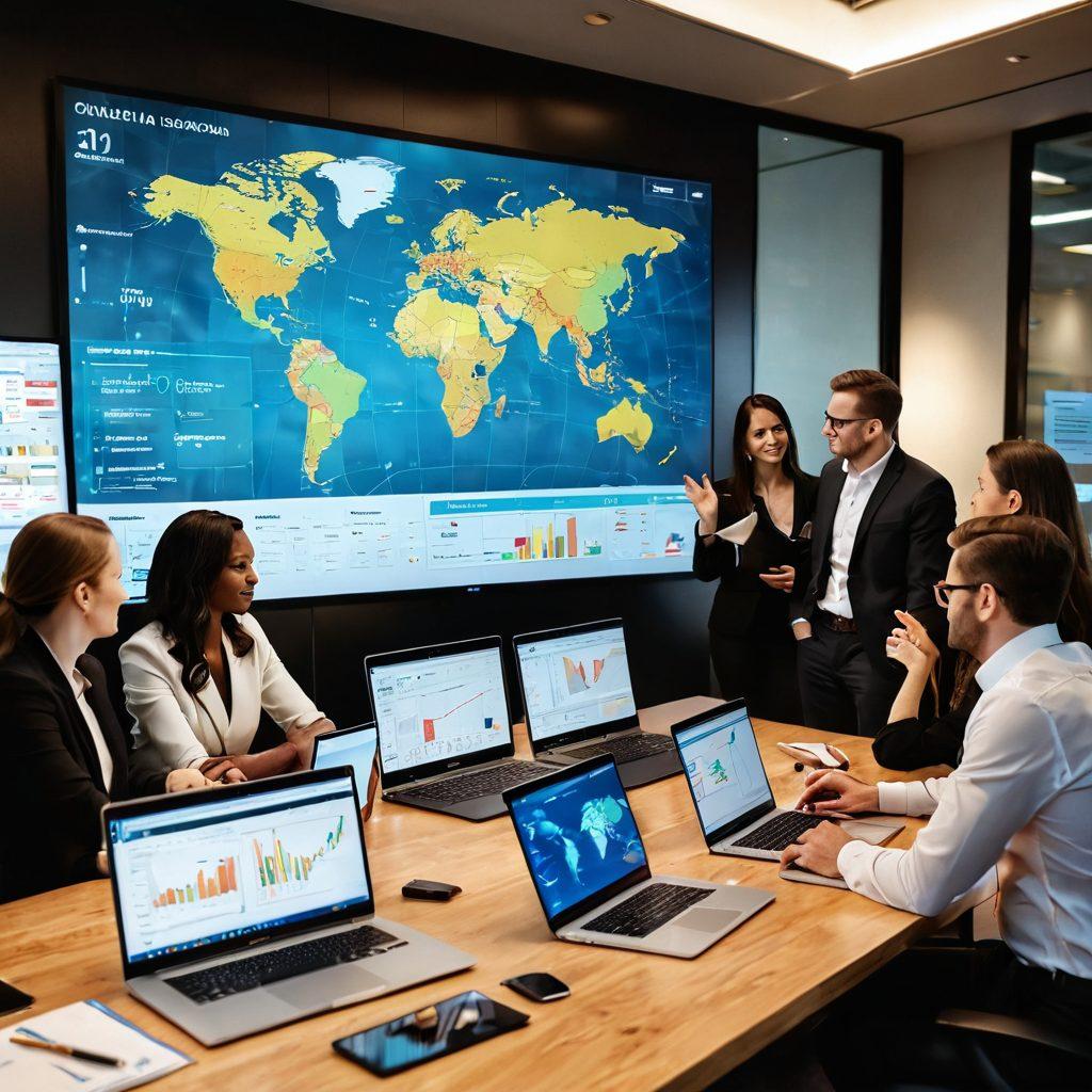 A dynamic boardroom scene featuring diverse team members collaborating around a large table, showcasing a digital dashboard with client metrics and insights on a screen. Include elements like sticky notes, laptops, and a world map in the background to emphasize global client management. Highlight expressions of focus and creativity, with warm light illuminating the space. super-realistic. vibrant colors. 3D.